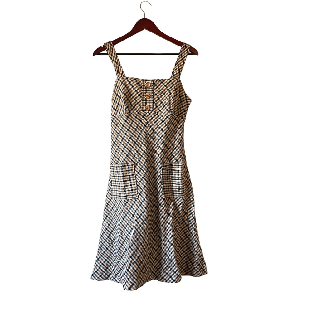 Vtg 70s Plaid Pinafore Dress Midi Square Neck Tie Back A-Line Womens Size Xsmall